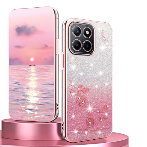 BORYA Silicone Case for Honor 70 Lite 5G/Honor X6/Honor X8 5G Shockproof Ultra Thin Soft TPU Case Elegant Electroplated Anti-Drop Shiny Diamond Flowers Cover with Gradient Card Pink