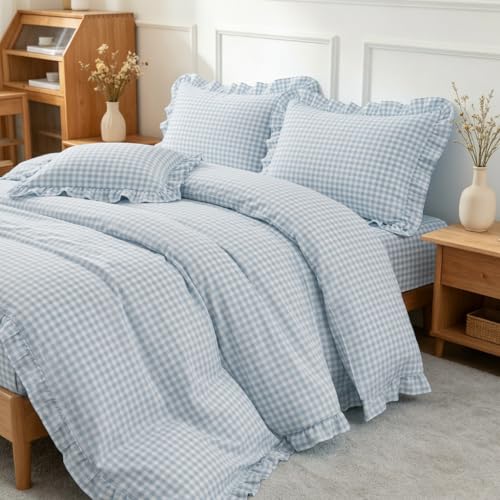 Image of Nayoroom Gingham Duvet Cover Queen Size Blue Ruffle Plaid Checkered Duvet Cover 3 Pieces Soft Washed Microfiber Vintage Farmhouse Dorm Bedding Set Gifts for Women Men