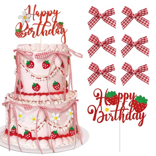Yamobi 1 morceau Tortendeko Strawberry avec 6 morceaux boucles rouges, Déco Strawberry anniversaire avec glitter pour gâteaux, fête pour enfants et fête d'anniversaire