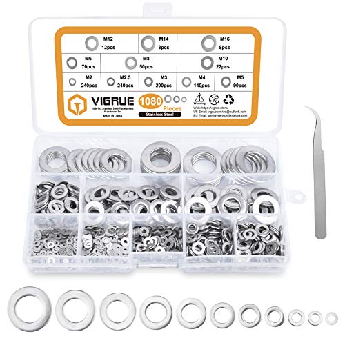 Flach Unterlegscheiben - VIGRUE 1080PCS Beilagscheiben 11 Größen A2-70 Edelstahl Flach und Sicherungsscheiben Sortiment Set (M2 M2.5 M3 M4 M5 M6 M8 M10 M12 M14 M16)