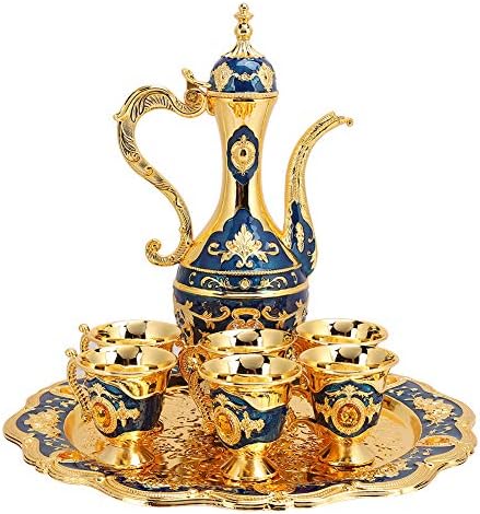 Vintage Turkish Coffee Pot Set Model,8.46x5.11inch Tea Flask Medium Tea Sets for Women with Teapot Tray and 6 Cups Craft Decorations Flagon Set Turkish Cup Set Turkish Teapot for Home Decor,Small Size