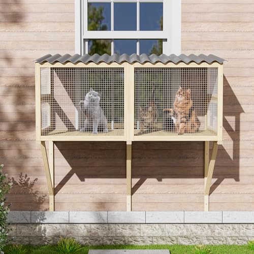 MAGIC UNION Cat Catio, Cats Window Perch for Large Indoor Cats - Expandable Wooden Windows Box Enclosure for Multi Kitty, Waterproof Cat Window Hammock for Enjoying The Outdoor Sights (Original Wood)