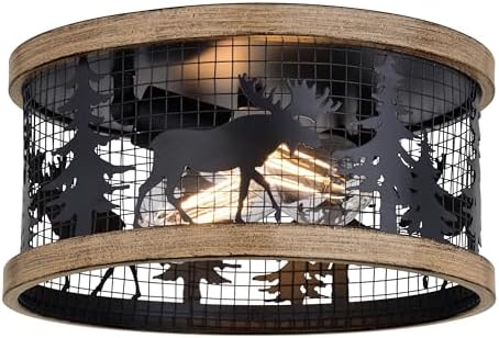 VAXCEL Kodiak 12-in W Black Rustic Round Cage Flush Mount Ceiling Light Fixture Moose and Tree Motif