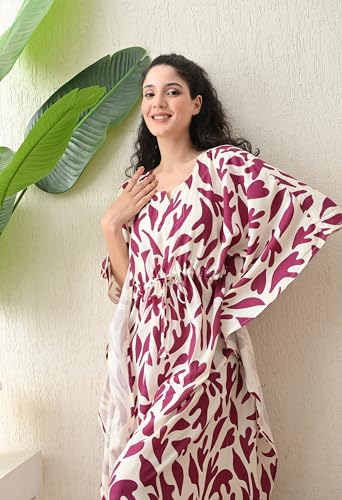 Image of Ichaa Women's Pink Rayon Printed Round-Neck Kaftan-Style Free Size Nighty with Drawstring