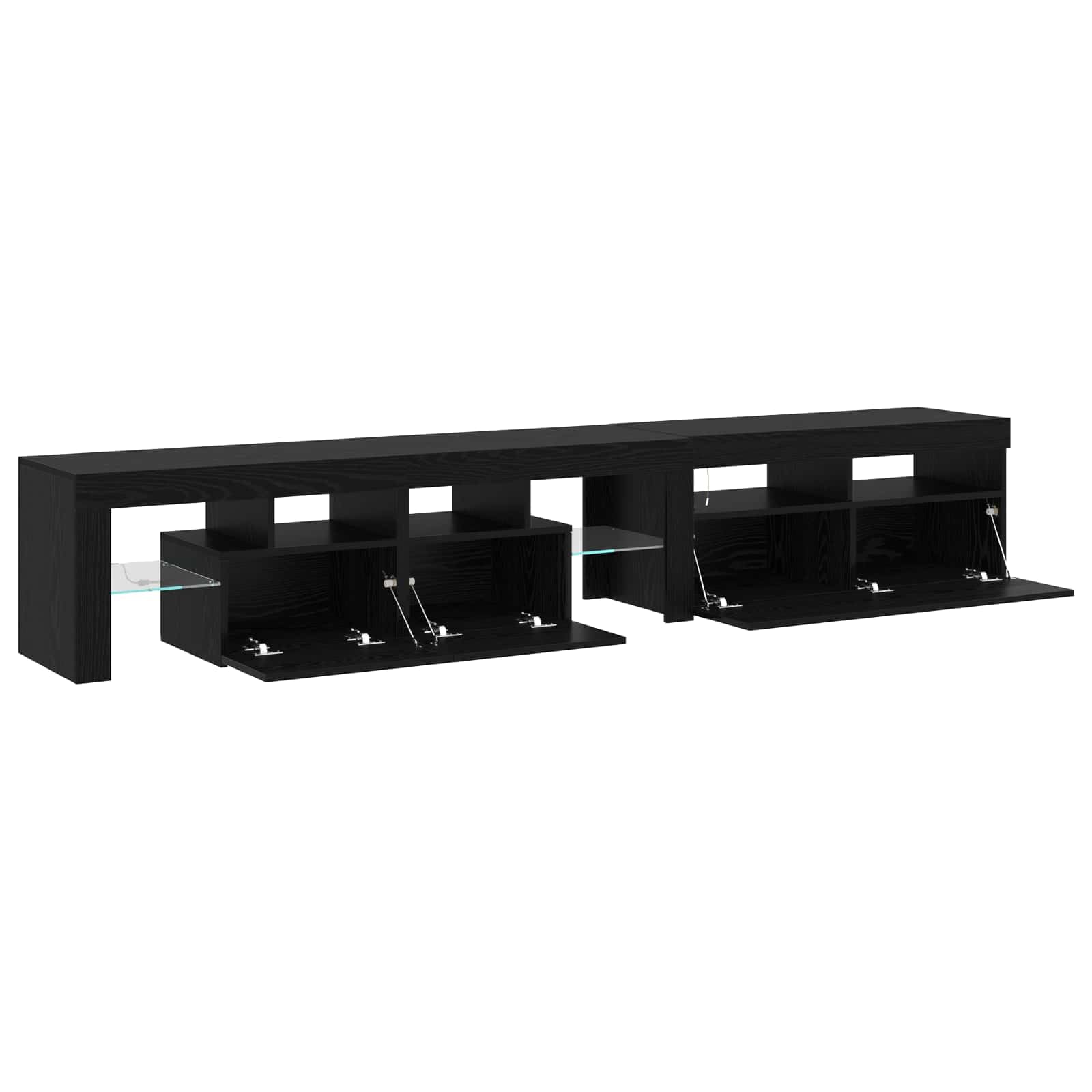 Juego de 2 armarios para TV en aspecto de roble negro, 2 unidades, mueble bajo con iluminación LED, 3 puertas y 4 estantes de cristal, armario para televisión para salón, cine en casa