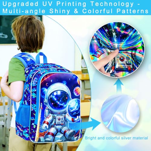Image of 3Pcs Space Backpack for Boys, 16 inch Astronauts Bookbag with Lunch Box, Kids School Backpacks Set for Elementary Preschool Kindergarten (Blue)