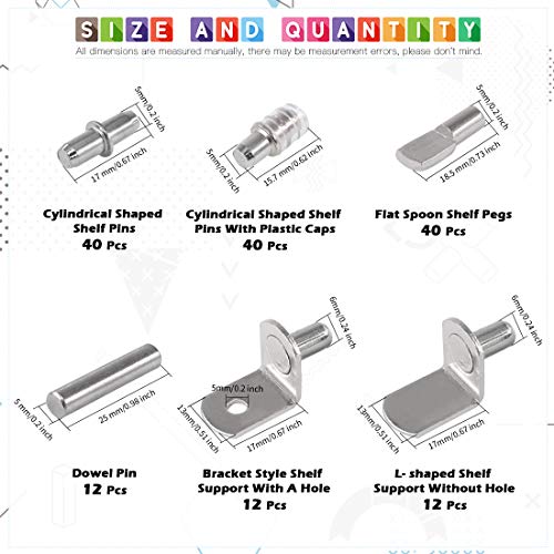 Glarks 156Pcs 6 Styles Shelf Pins Kit, Nickel Shelf Support Pegs, PVC