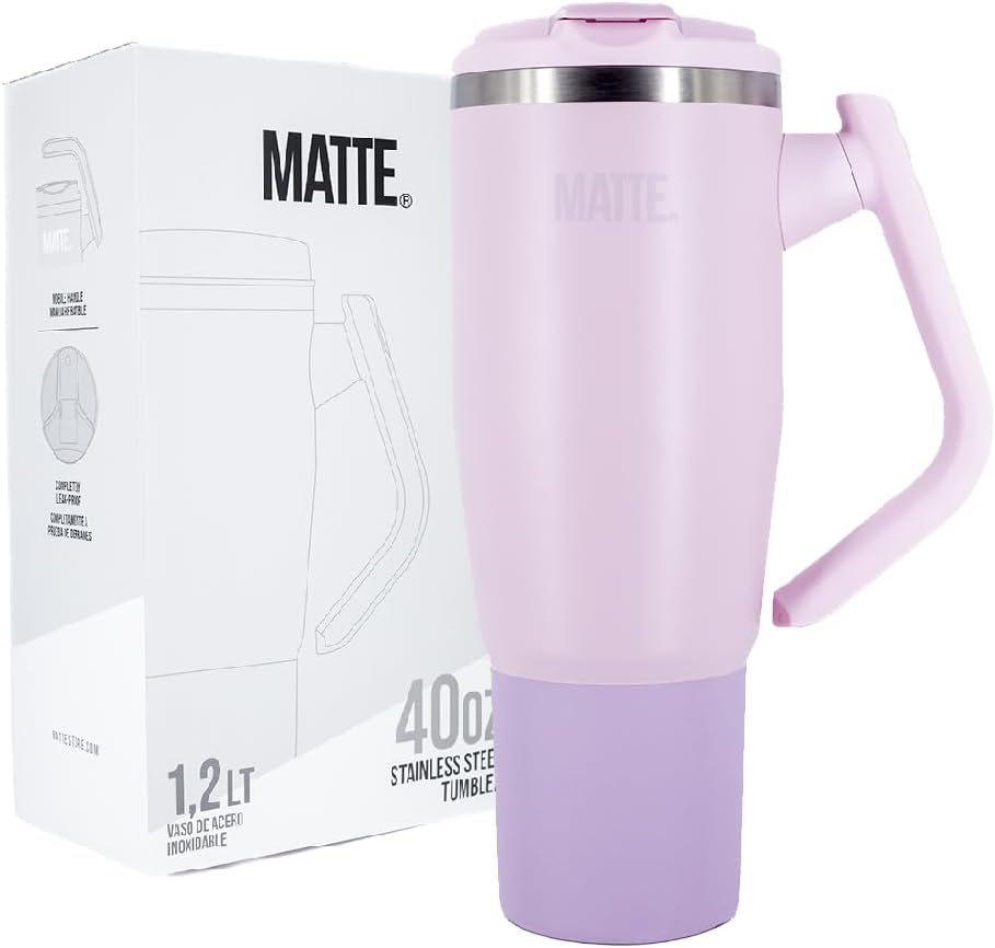 Matte 40 oz tumbler with handle and straw - Leak Proof Tumbler - Insulated Tumblers - Stainless Steel Tumbler - Hot and Cold Drinks - tumblers for women (Pink, 40oz)
