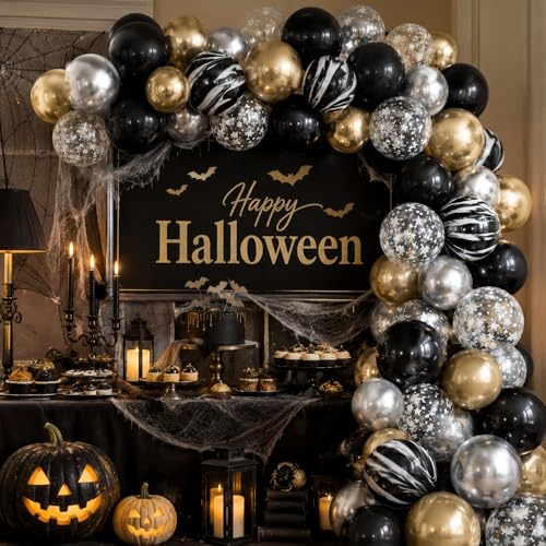 Image of Black Gold Silver Balloon Set, 12 Inch Marble Black and Metallic Chrome Gold Silver with Clear Star Print Grad Latex Balloons for Boy Girls Birthday Party Graduation Retirement Baby Shower Decorations