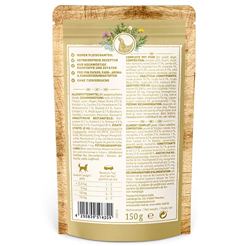 Wildes Land - Nassfutter Pouches - Nr. 2 Huhn - 8 x 150 g - mit Karotten, Zucchini, Wildkräutern & Distelöl - Glutenfrei - Extra viel Fleisch - Beste Akzeptanz und Verträglichkeit