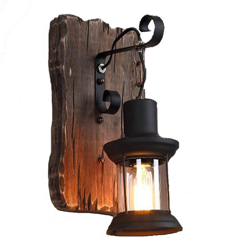 HYJAUSXB Rustic Wall Sconce with Glass Shade | Wood Base Farmhouse Lamp Black Metal Finish Vintage Industrial Sconces Lighting Fixtures for Hallway, Hotel, bar, Porch Corridor