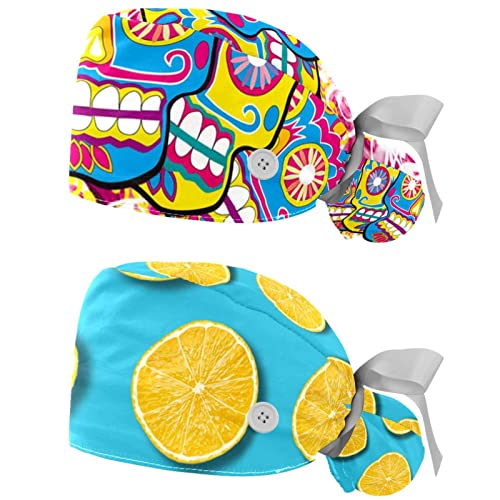 IROLSKDNFH 2 Pcs Women’s Working Caps with Button Colorful Skull Psychedelic Long Hair Cover Ribbon Lace-Up Hat
