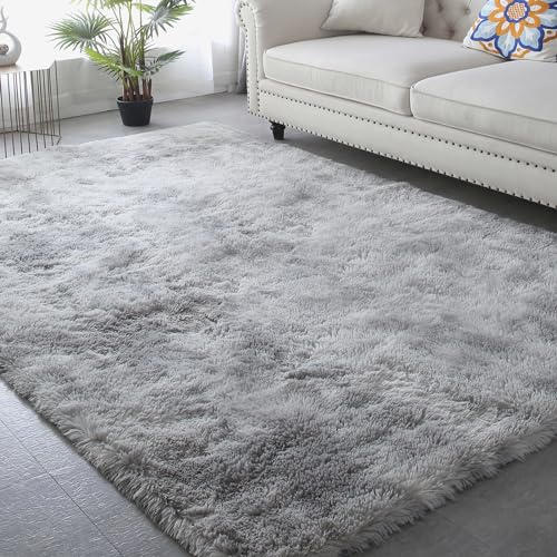 Living Room Area Rug 8x10 - Grey Plush Shag Rugs for Living Room Bedroom - Large Modern Soft Indoor Non-Slip Shaggy Floor Carpet,Tie-Dyed Light Gray