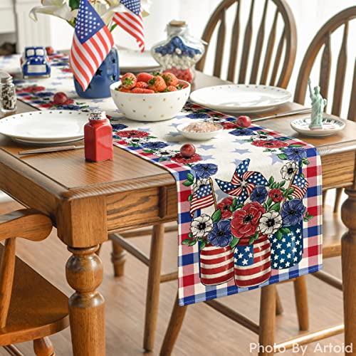 Artoid Mode Buffalo Plaid Vases Flowers Patriotic Memorial Day 4th of July Table Runner, Independence Day Holiday Kitchen Dining Table Decor for Home Party Decoration 13 x 72 Inch by Artoid Mode - Image 4