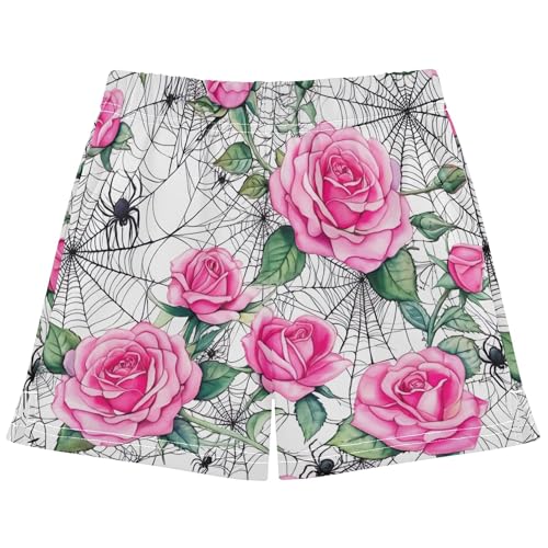 Girls Athletic Shorts Cute Pink Roses Spider Webs Print Summer Casual Pajama and Dance Activewear Youth Teen, X-Small