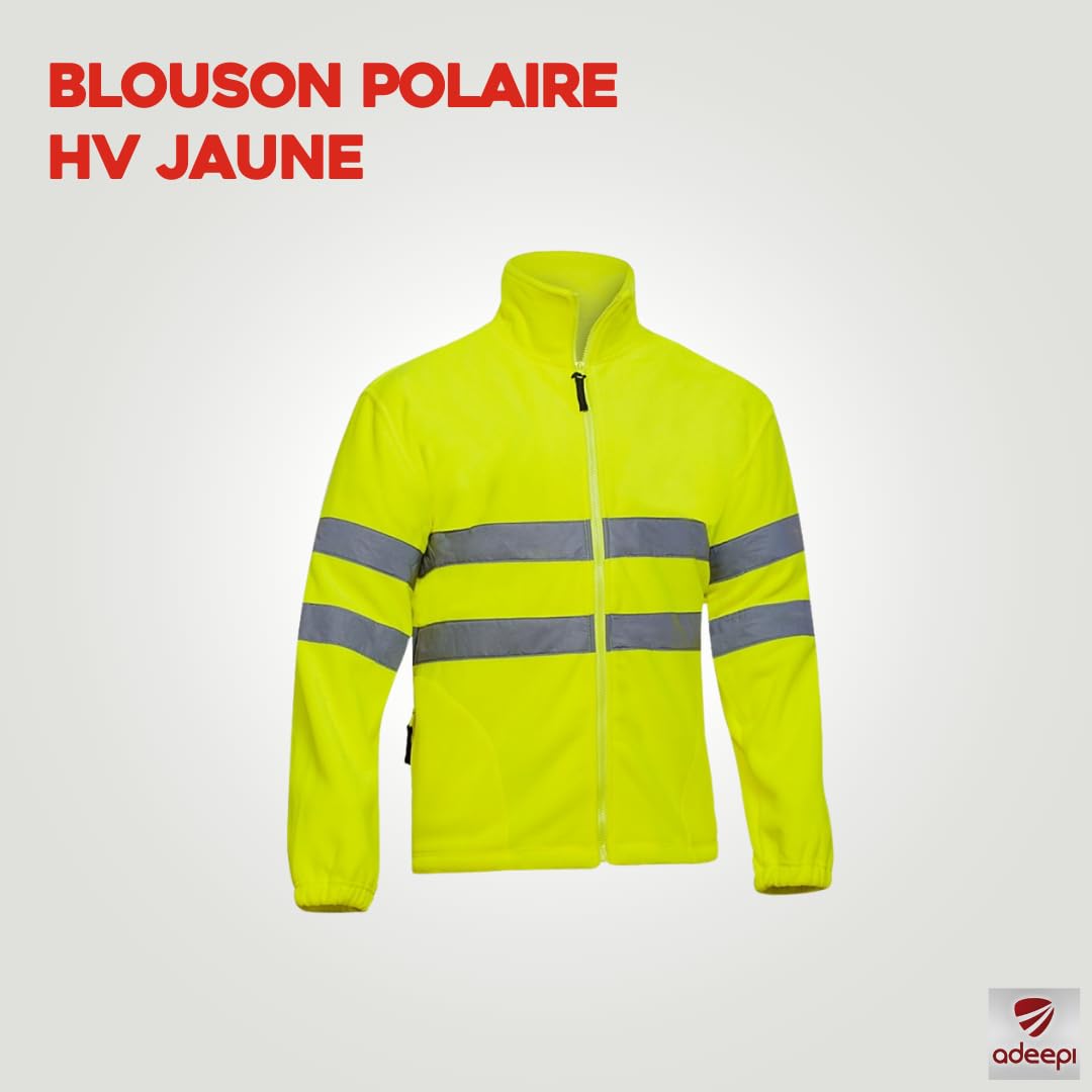 Polaire HV jaune | Haute-Visibilité | Deux poches frontales zippées | Fermeture centrale zippée | Bandes réfléchissantes | Taille ajustable | Usage Professionnel | Jaune Fluo | De XS au 4XL
