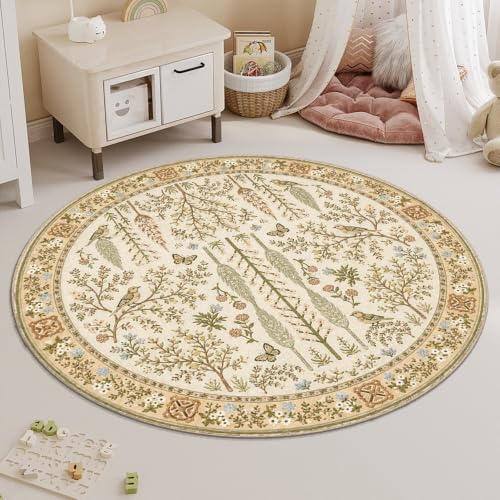 Bliruns Beige Vintage Floral 2ft Small Round Rug for Living Room Kitchen Dining Room Under Table Low Pile Soft Botanical Pattern Circle Area Rug for Entryway Non Slip Washable Traditional Home Decor