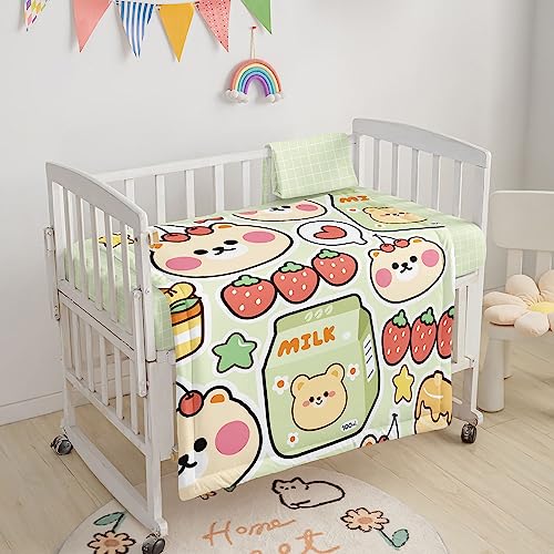 Image of Crib Bedding Set,3pcs Nursery Crib Bedding with Comforter Crib Sheet & Crib Skirt,Cute Bear Milk Strawberry Printed Nursery Bedding for Baby Boys and Girls(Bear)