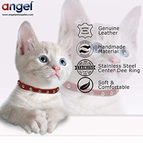 Genuine Leather Safety Studded Cat Collar | Handmade Breakaway Elastic Stretch Collar | Lightweight & Strong | Permanently Secured Studs Spikes Collar | Angel Pet Supplies (10" X 1/2", Valentine Red) #TOP6