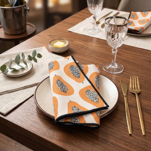 Image of Papaya Printed Cotton Napkins Set | 16 x 16 Inch (40 x 40 cm) | 100% Cotton with Peko Border | Reusable Cloth Dining & Cocktail Napkins | Machine Washable | Bright Tropical Print