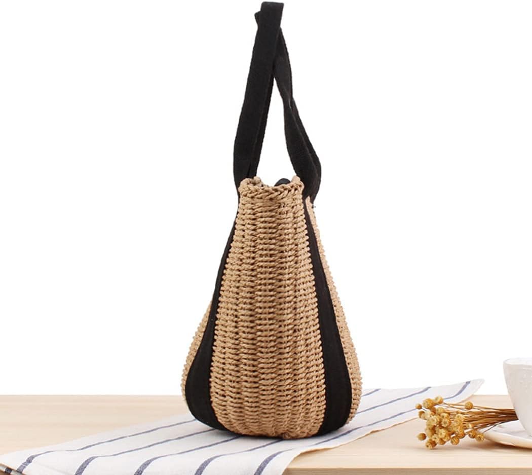 Casual Straw Bag Natural Tote Bag Women Handbag Braided Garden Bag Rattan Handwoven Bucket Hand Worn Straw Bag Black Canvas Summer Holiday Beach Bag Retro, brown, 28*22*15 cm