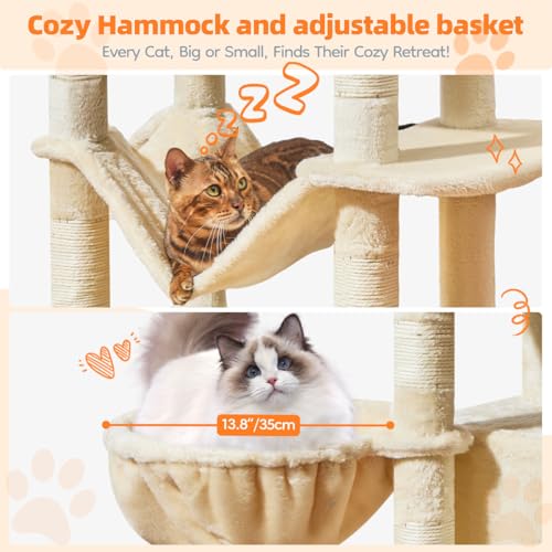 Image of Taoqimiao Large Cat Tree, 73 in Tall Cat Tower with 2 Plush Big Cat Condos