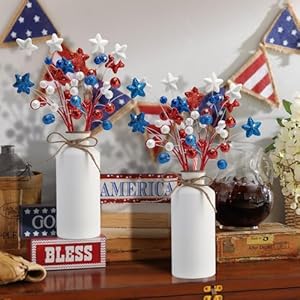 4 pcs patriotic glitter ball centerpiece stems 15 independence day artificial berry stem star picks 4th of july red white blue pentagram faux berry branch sticks for memorial day home decoration  urban country home decor