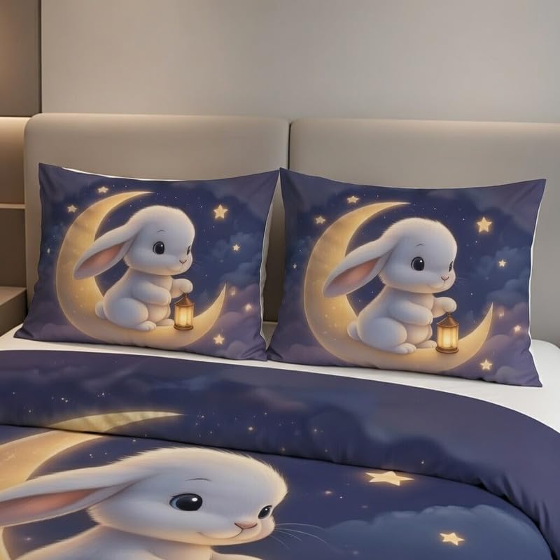 Image of DECOR WELL Premium 7D Digital Print Polycotton Double Bed Sheet with 2 Matching Pillow Covers - Soft, Wrinkle-Resistant & Vibrant Bedroom Decor - Moon Rabbit