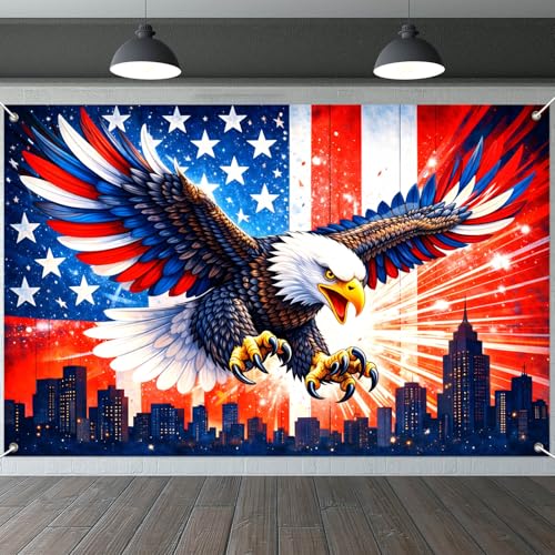 Image of IVN Patriotic Eagle Backdrop Banner 71 x 43 Inch USA Flag Stars Stripes Eagle City Skyline Background Photo Booth Backdrop 4th of July Independence Day Memorial Day Veterans Day Indoor Outdoor Decor