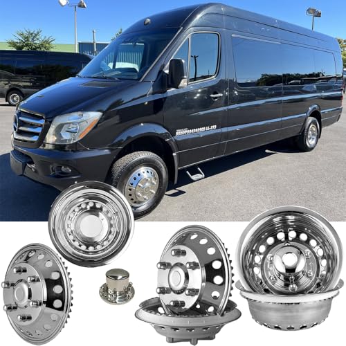 Image of 16 inch Polished Stainless Steel Dullay Wheel Simulators fit for 2007-2025 Dodge, Mercedes and Freightliner Sprinter Van,4pcs Front Rear 6 Lug 18 Hand Hole snap on Wheel Cover k16a