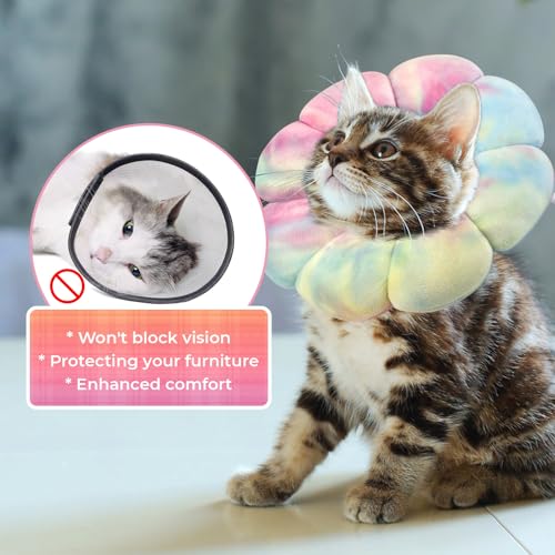 Image of Flower Cat Cone, Uadonile Adjustable Cat Cone Collar, Soft Dog Elizabethan Collar Recovery E Collar After Surgery, Recovery E-Collar for Kittens /Puppies and Cats Recovery(Tie-dye Pink Blue, S)