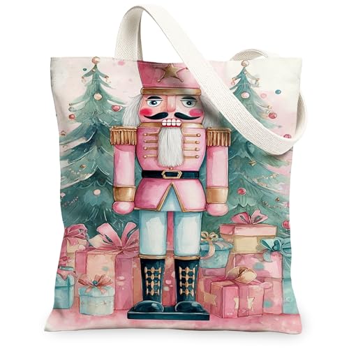Christmas Nutcracker Canvas Tote Bags, Holiday Design Reusable Grocery Bags, Vintage Lightweight Washable Shoulder Strap Canvas for Travel 13x15 Inch