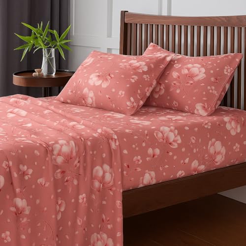 Image of King Size Bedsheet - Flora Bloom - 108 x 108 Inches - Brushed Microfiber Flat Sheet with Pillow Covers - Soft, Cooling, Wrinkle & Fade Resistan