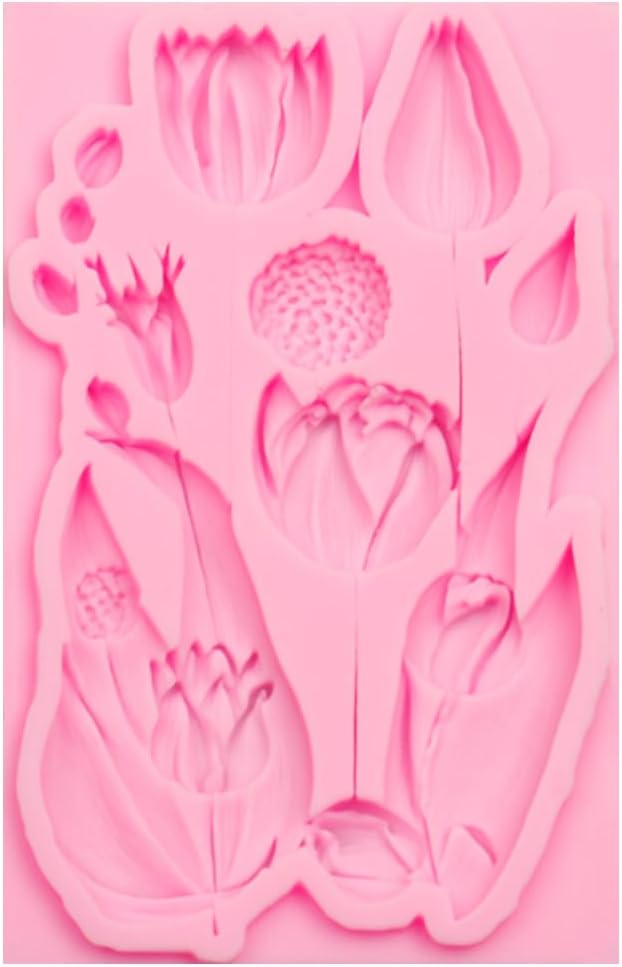 Floral Silicone Mold for Crafts, Pink, Large Size with Tulip and Bell Flower Designs