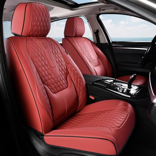 Image of Coverado Car Seat Covers Front, Nappa Leather Seat Covers for Cars, Waterproof Seat Covers with Lumbar Support Universal Fit for Most Cars SUV Trucks, Automotive Seat Covers (Front, Red-Blackline)
