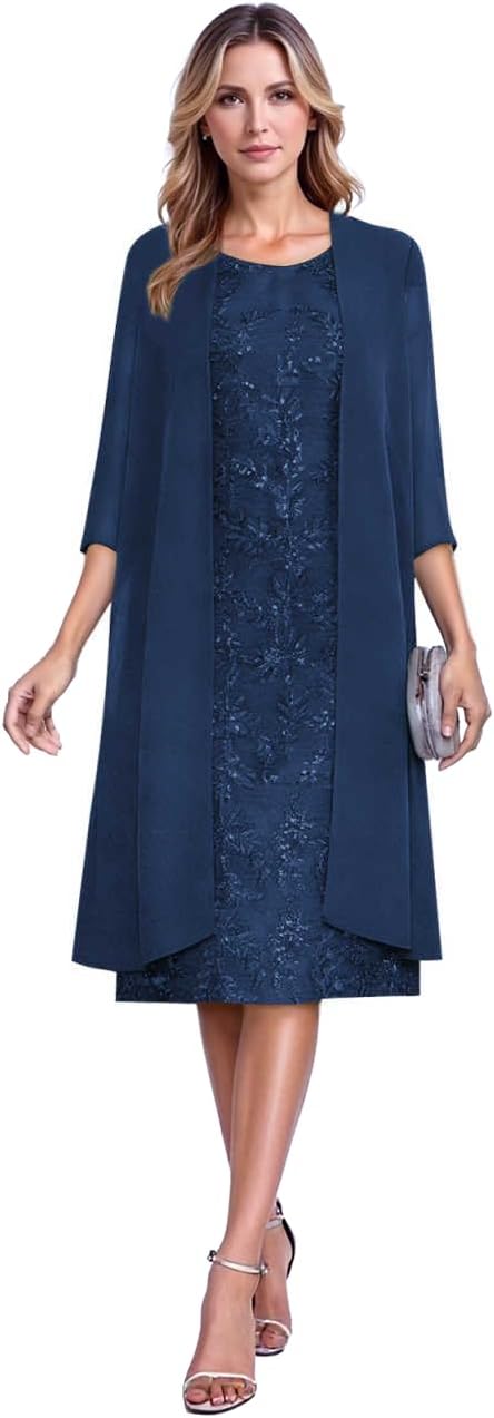 2 Piece Mother of The Bride Dresses with Jacket Tea Length Chiffon Sequin Lace Formal Dress for Wedding Guest HX045