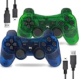 2 Pack Controller for PS3 Wireless Motion Sense Dual Vibration Upgraded Gaming Controller for Play 3 with Charging Cord (Transparent Green and Transparent Blue)