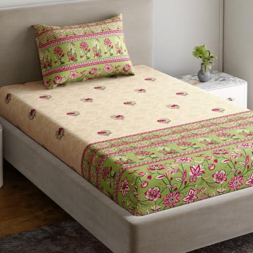 Image of Home Ecstasy 100% Cotton Single Bedsheet with 1 Pillow Cover - (Size 59 x 87 inches, TC, Colour - Green)