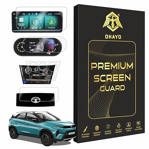 Image of OHAYO 4 Pack Screen Protector for Tata Nexon 2025 Facelift & 2026 | 10.25 inch Infotainment + 4 inch MID + AC Panel + Steering Cluster | HD Clear, 9H Hardness, Military Strength, Scratch Resistant, Bubble Free, Not Tempered Glass | Fits Pure+ / Pure Plus S / Smart+ S CNG