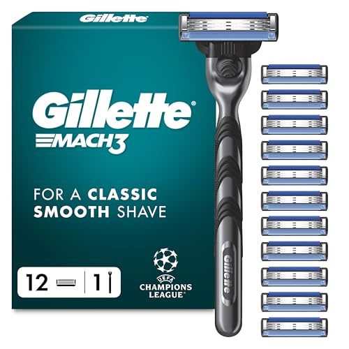 Gillette UEFA Champions League Special Edition Mach3 Razor for Men 3-Bladed 1 Razor 12 Blade Refills with Stainless Steel Handle