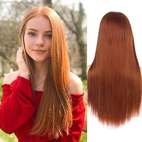 Perücke Orange Lang Gerade Haar Perücke für Frauen Mädchen Synthetische Mittelscheitel Cosplay Wig Halloween Custome Party Beweig Cover