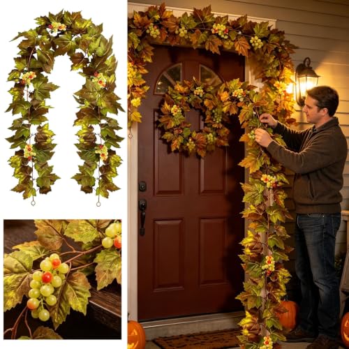 2PCS 5.7FT Faux Autumn Halloween Garland with Green Maple Leaf and Berries (Gold) - image 2