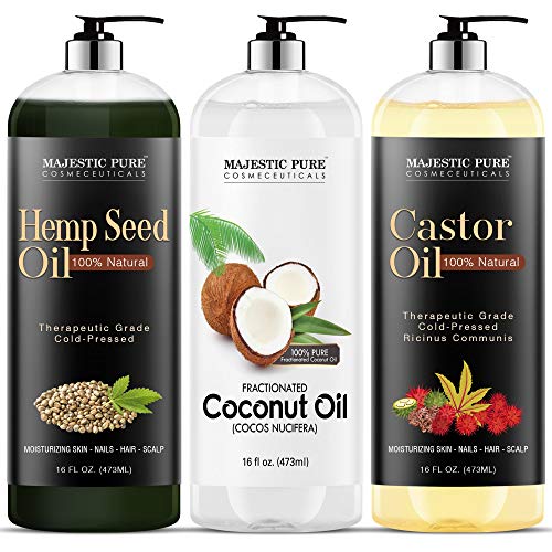 Majestic Pure Castor Oil, Fractionated Coconut Oil, and Hemp Seed Oil Bundle, 16 fl oz each