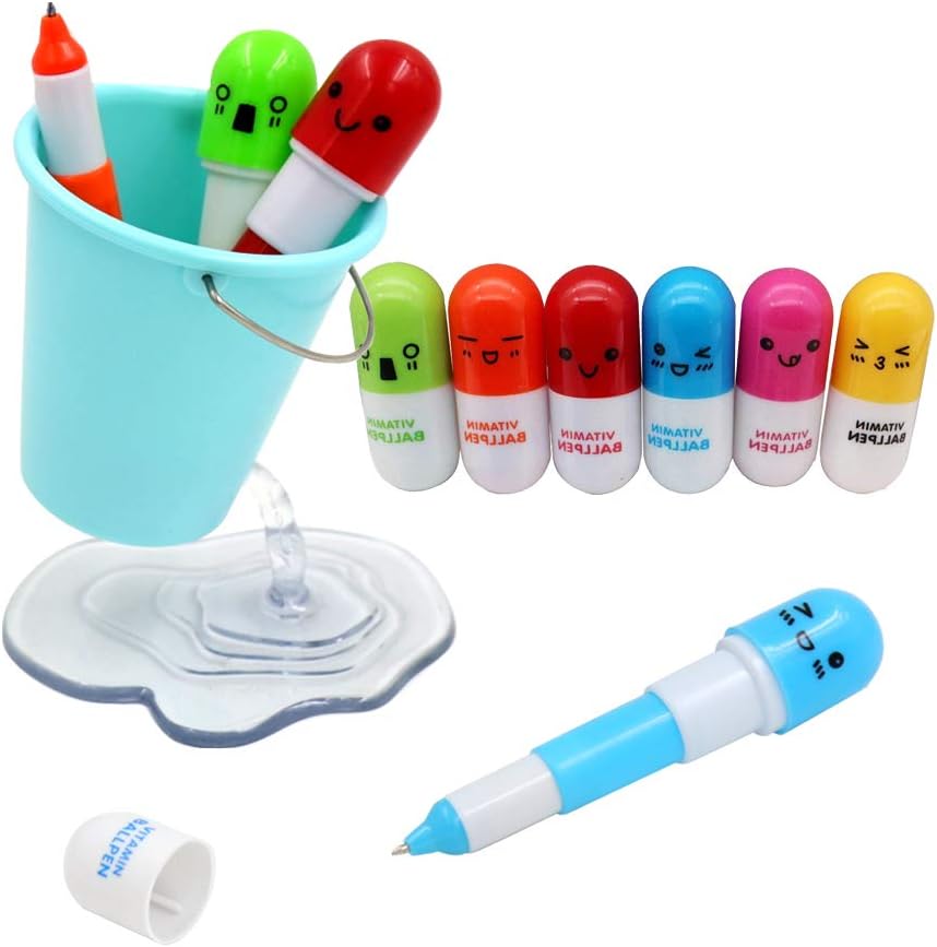 1PCS Bucket Pen Holder + 10PCS Random Color Pill Pens, Pencil Holder and Cute Smiling Face Pill Shape Ballpoint Pen, Design Floating Container Cute Pen Holder For Desk - Blue