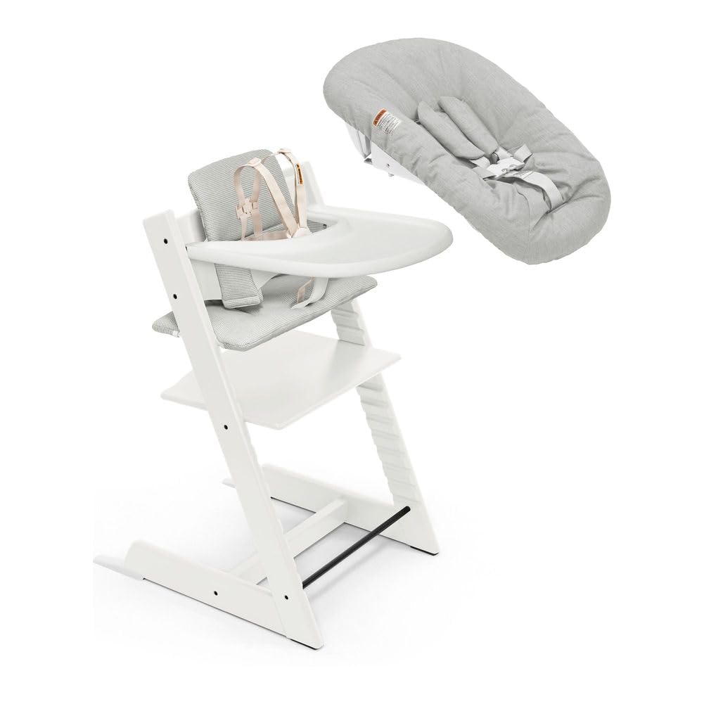 Stokke Tripp Trapp High Chair 2 (White) + Newborn Set + Cushion 2 (Nordic Grey) + Stokke Tray (White) - Includes Chair & Baby Set with Removable Harness for Children 6-36 Months