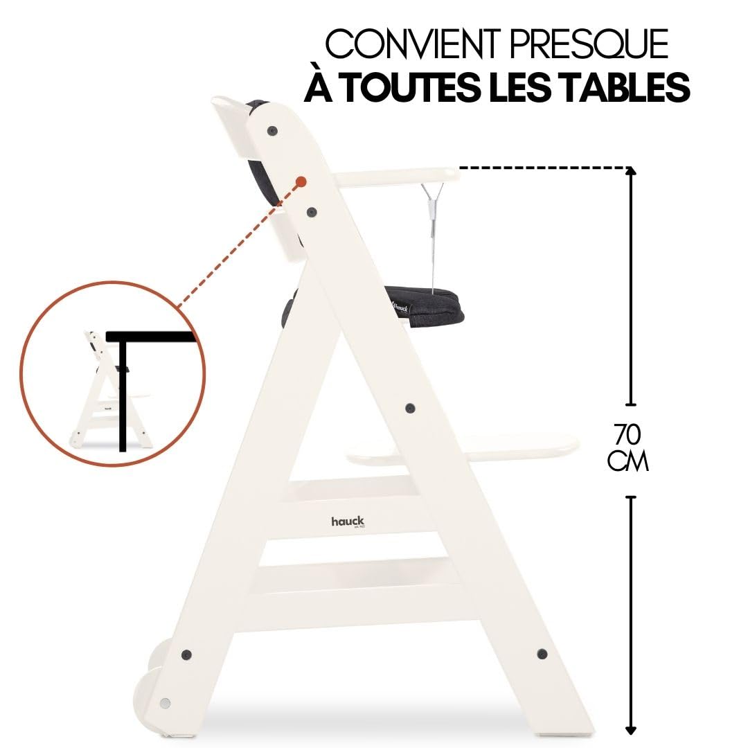 hauck Chaise Haute Bébé Beta+ avec Siège Nouveau-né 2 en 1 – White | Chaise haute évolutive en bois, de la naissance à 90 kg, inclus assise bébé, roues, plateau repas, coussin
