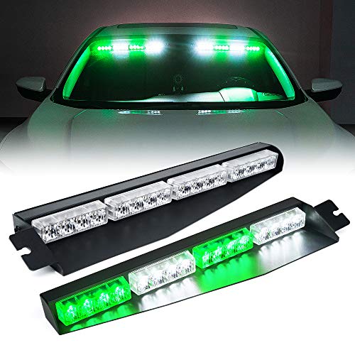 Xprite LED Visor Strobe Light Bar Interior Windshield Sunvisor Emergency Hazard Warning Flashing Lights w/Extend Bracket Split Mount for Law Enforcement Vehicles Trucks White Green
