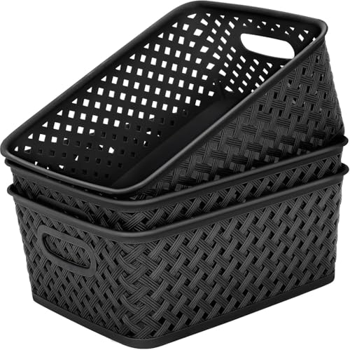 MaxGear 3 Pack Plastic Storage Baskets, Large, Black
