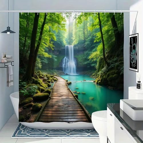 Rideau de douche 100x200 polyester motif feuilles vertes cascade d'eau - 4