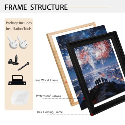 Image of American Flag Framed Canvas Wall Art, 4th of July Red White Blue Canvas Prints, Fireworks City View Patriotic Decorations, Modern Independence Day Wall Decor for Bedroom Living Room Office 16x20